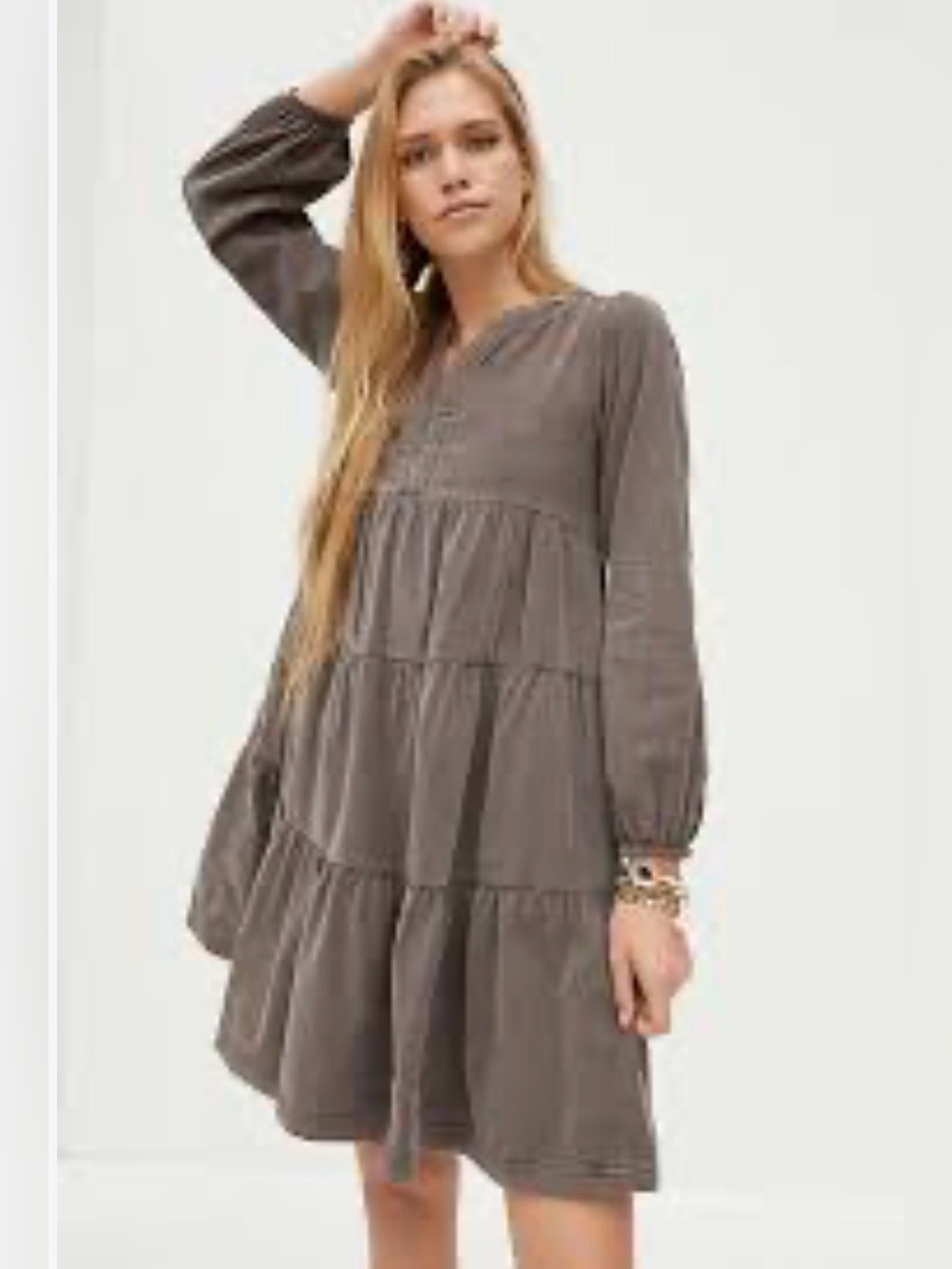 Anthropologie Pilcro Tiered Corduroy V-Neck Tiered Dress in Brown Size Small